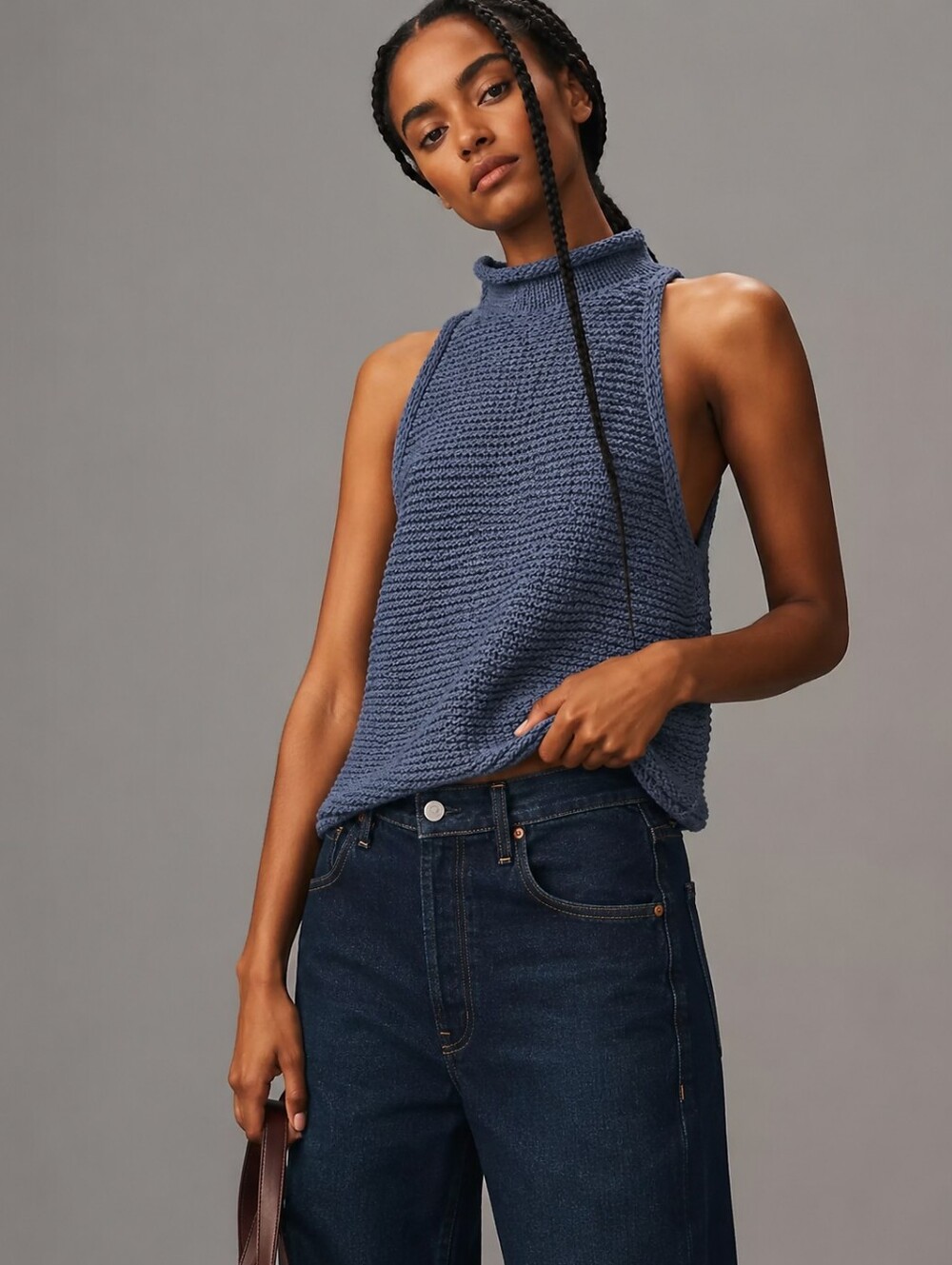 Anthropologie Pilcro Rolled Mock-Neck Sweater Tank Navy